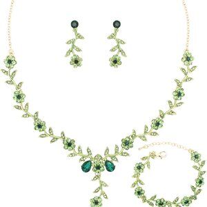 Flower Leaf Crystal Pendant Necklace Earrings Bracelet Set for Women Weddings